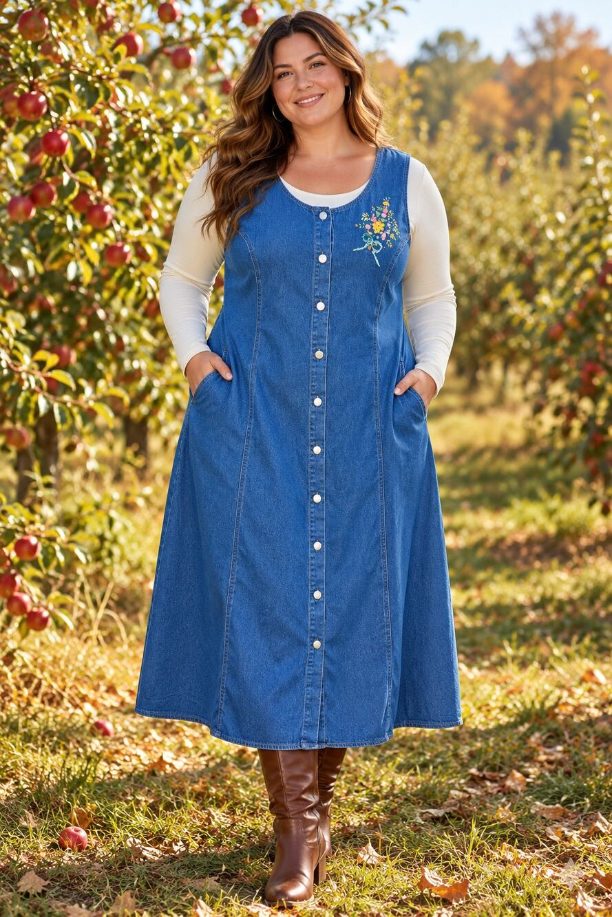 Floral Embroidered Denim Pinafore Jumper Button Front Dress Size 16 Cottagecore